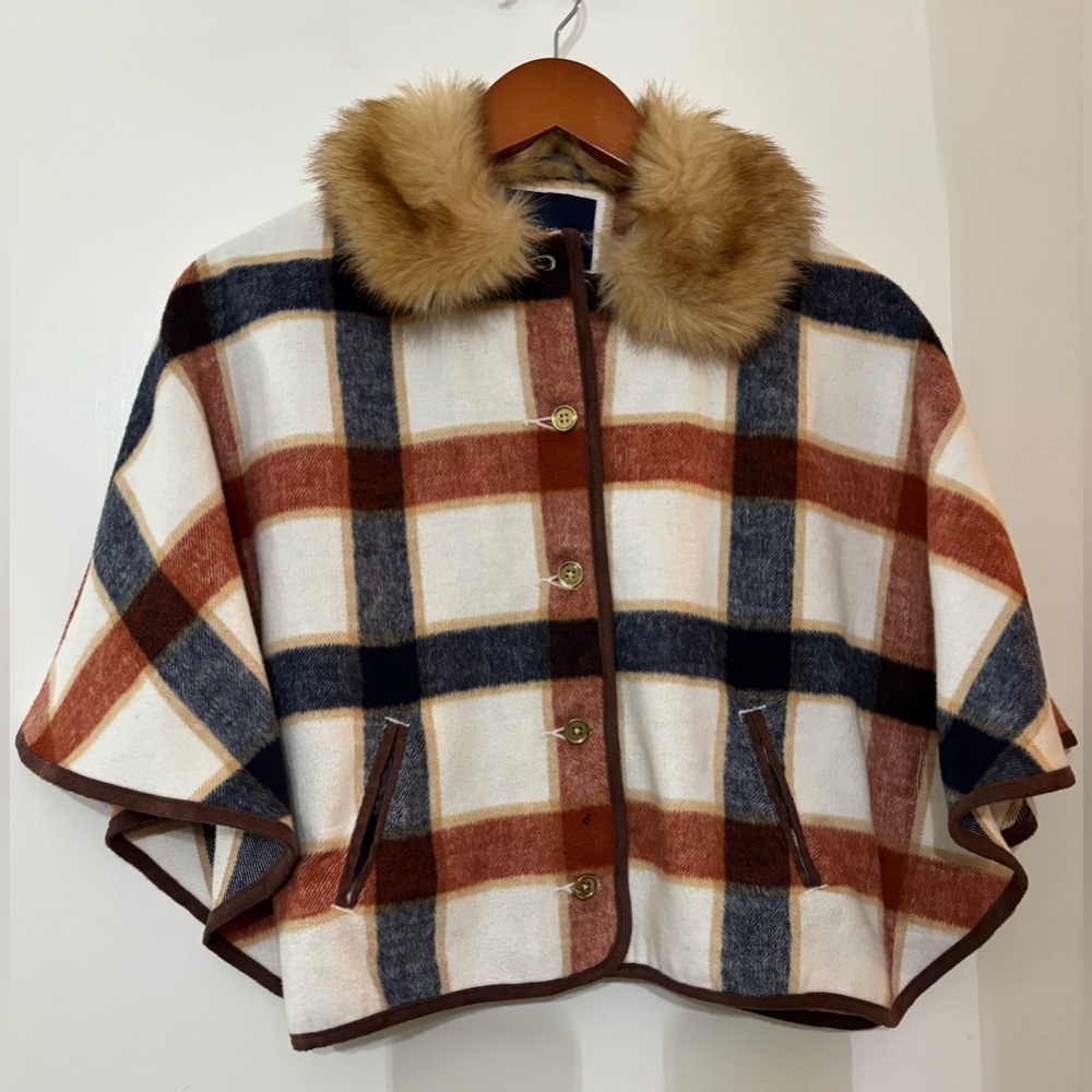 JANIE AND JACK Girls Plaid Faux Fur Collar Cape Coat Size 7 to 8